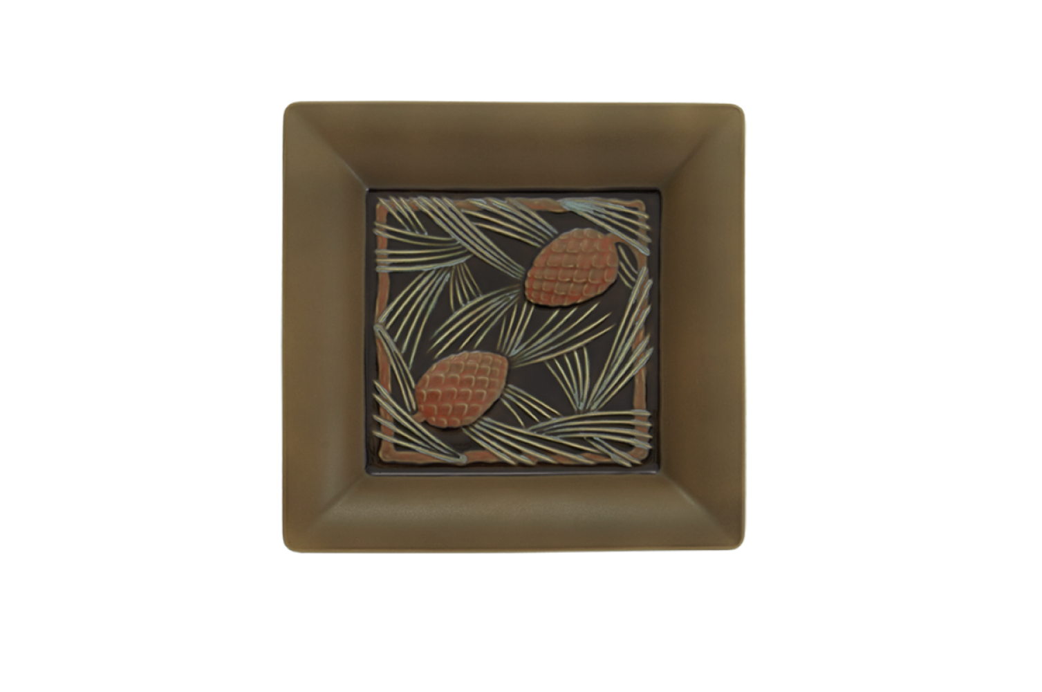 PINECONE SQUARE TRAY SALMON, VERDIGRIS & BROWN LARGE
