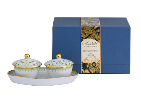 GREEN APPLE LACE HEIRLUMINARE TWO VOTIVES W/TRAY