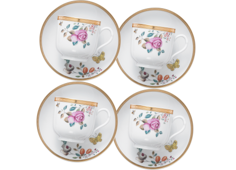 LOWESTOFT GARDEN TEACUP AND SAUCER, SET/4
